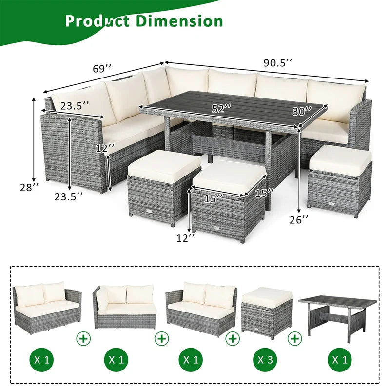 7-Piece PE Rattan Patio Sectional Sofa Set with Dining Table, Ottomans & Cushions, Mix Grey