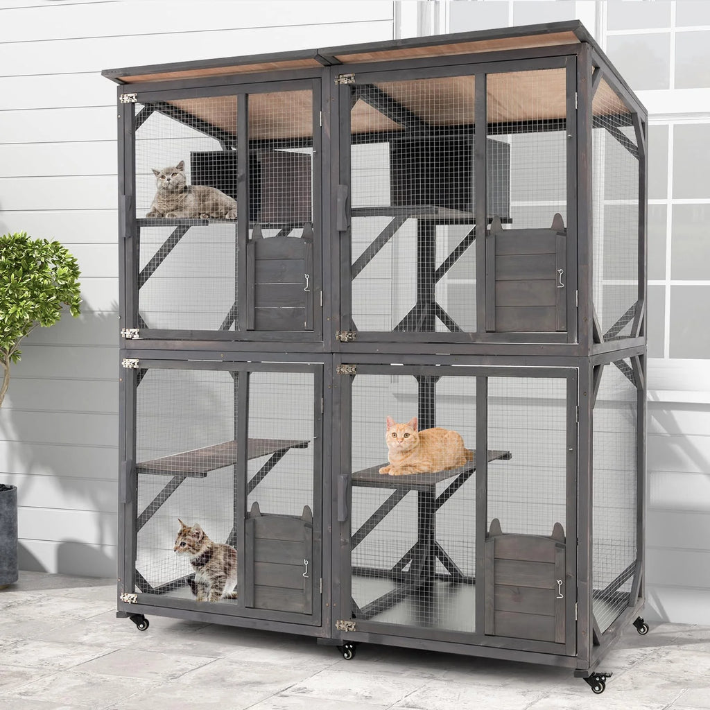 Large grey wooden outdoor catio cat enclosure on wheels with asphalt roof