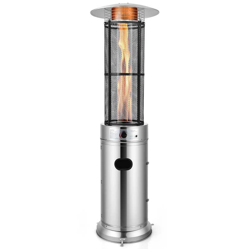 Stainless steel standing propane patio heater with glass flame tube and wheels