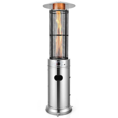Stainless steel standing propane patio heater with glass flame tube and wheels
