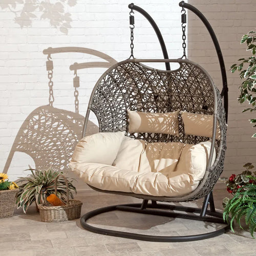 Brown all-weather rattan egg hanging basket swing chair with cushion and stand