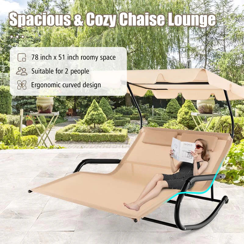 2-Person Patio Hammock Swing Bed – Extra Large Outdoor Rocking Chaise Lounge with Canopy & Wheels
