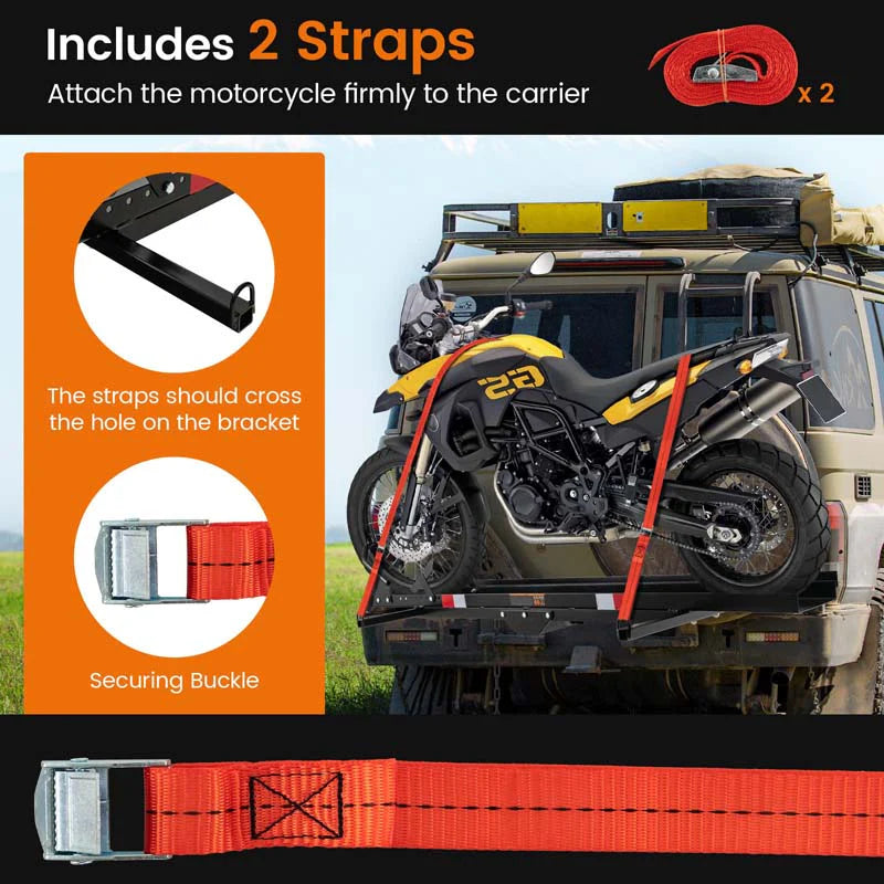 600 lb Heavy-Duty Motorcycle Hitch Carrier – 2" Receiver, Loading Ramp & Straps