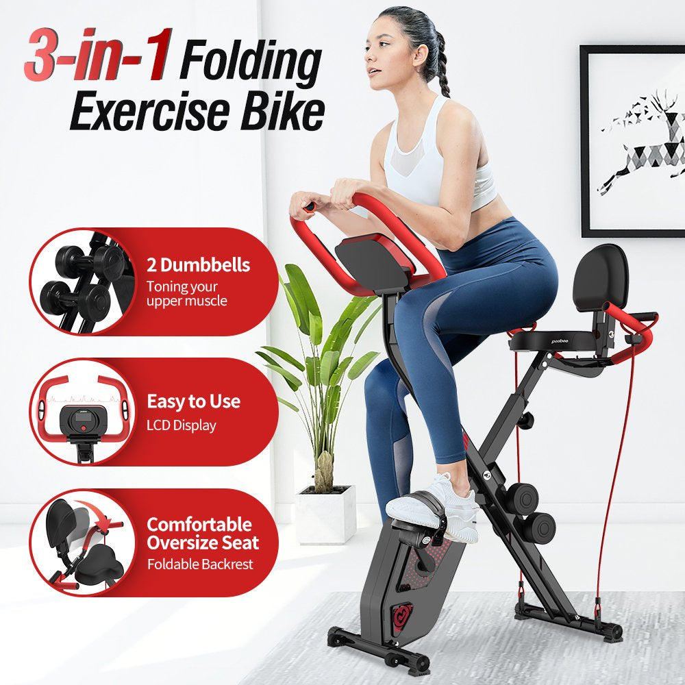 Pooboo 3-in-1 Foldable Magnetic Exercise Bike – Upright & Recumbent X-Bike, 8-Level Resistance, Pulse Sensor
