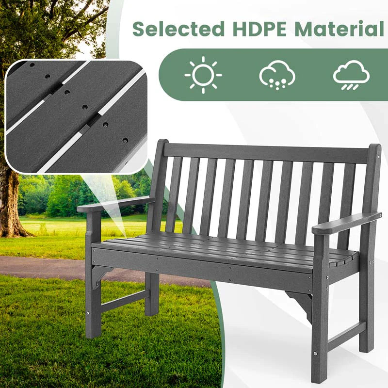 50 in All-Weather HDPE Garden Bench – 2-Person Outdoor Patio Loveseat, 705 lb Capacity (Grey)