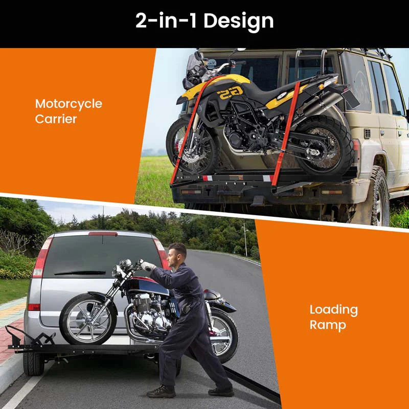 600 lb Heavy-Duty Motorcycle Hitch Carrier – 2" Receiver, Loading Ramp & Straps