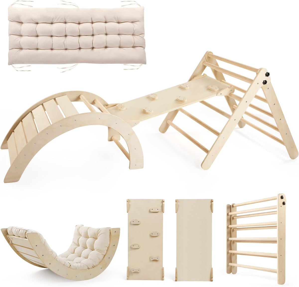 5-in-1 Montessori Foldable Climbing Triangle Set with Arch, Ramp & Cushion, Wooden Pikler Play Gym for Toddlers