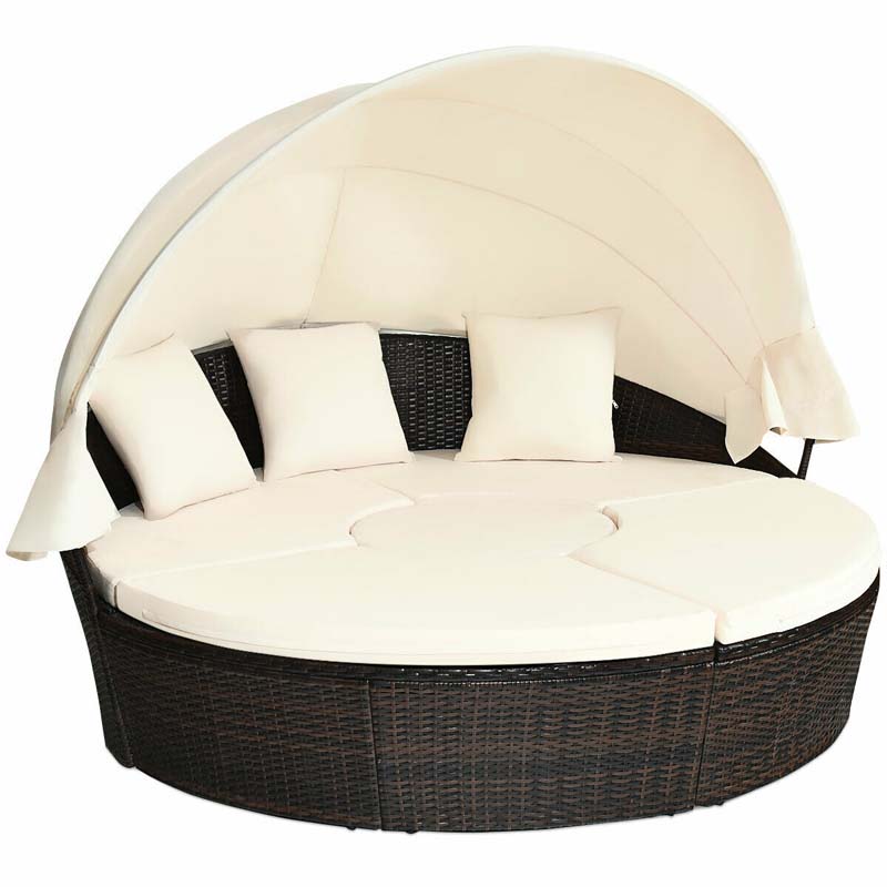 Rattan Wicker Round Patio Daybed with Retractable Canopy & Adjustable Coffee Table – Outdoor Sofa Set