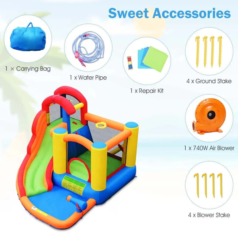 6-in-1 Kids Inflatable Water Slide Bounce House with Climbing Wall, Splash Pool, Basketball Rim & 740W Blower