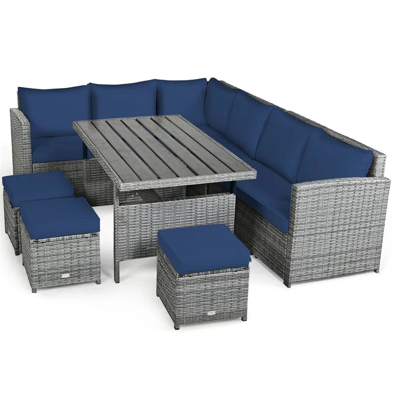 7-Piece PE Rattan Patio Sectional Sofa Set with Dining Table, Ottomans & Cushions, Mix Grey