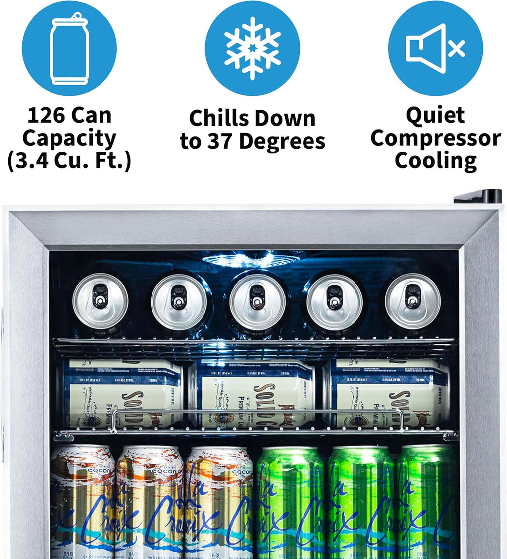 NewAir 126 Can Beverage Refrigerator – Freestanding Mini Fridge, Glass Door, LED, 7 Settings