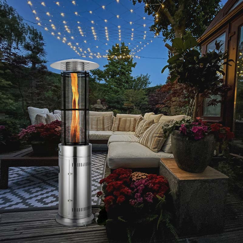 41,000 BTU Stainless Steel Patio Heater – Standing Glass Tube Flame Heater with Wheels, Push-Button Ignition