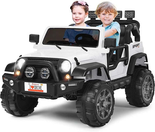 White 12V two-seater electric kids ride-on truck with remote control