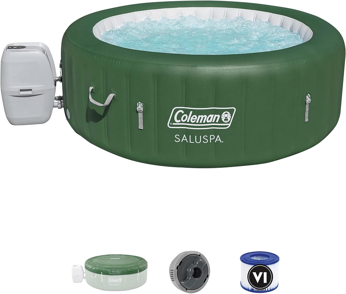 Coleman Inflatable Hot Tub Spa – 140 Bubble Jets, 242 gal, Heated, Pump & Cover, Fits 4