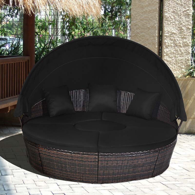 Rattan Wicker Round Patio Daybed with Retractable Canopy & Adjustable Coffee Table – Outdoor Sofa Set
