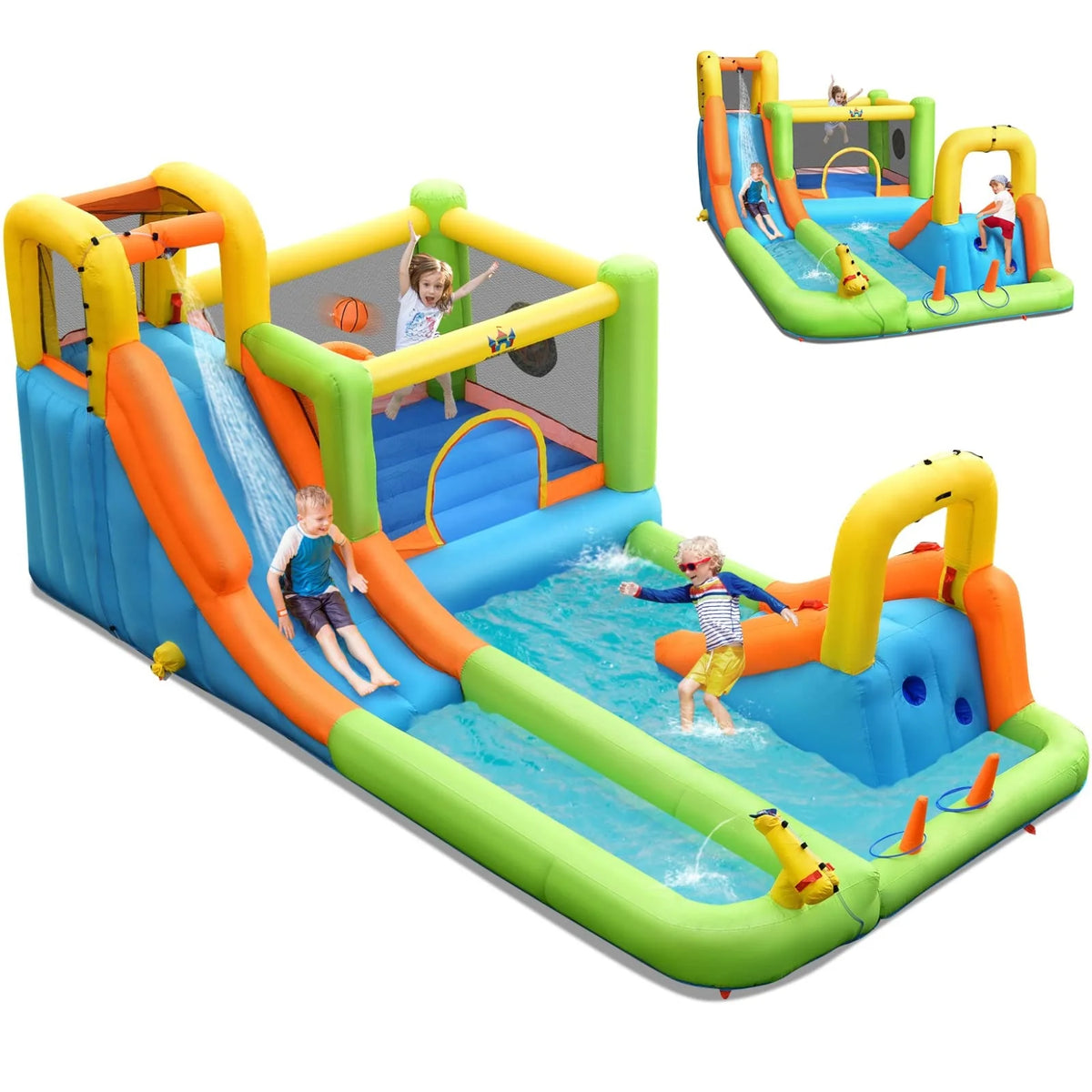 Colourful 8-in-1 inflatable water slide bounce house with climbing wall