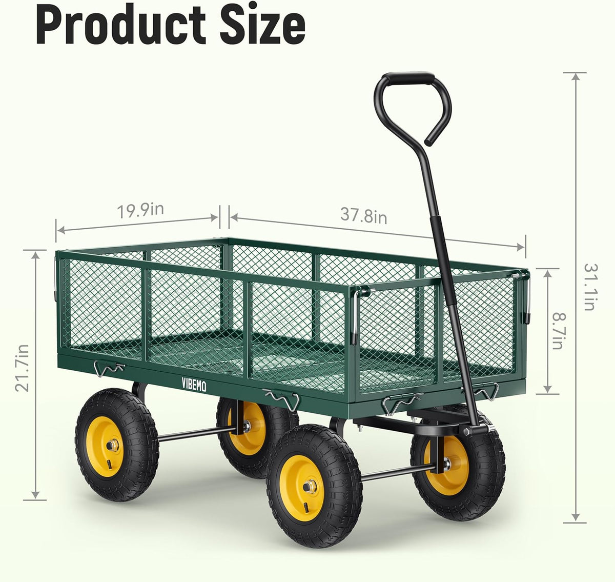 Vibemo 2-in-1 Steel Garden Cart – 1400 lb Heavy-Duty Wagon, Mesh Sides to Flatbed, 13" Pneumatic Tyres