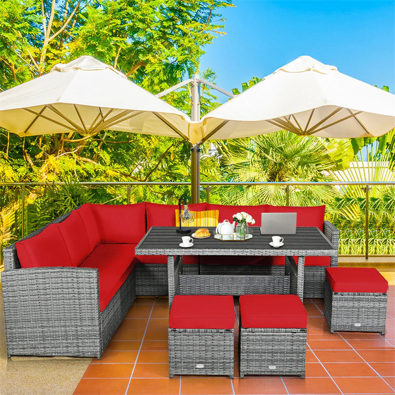 7-Piece PE Rattan Patio Sectional Sofa Set with Dining Table, Ottomans & Cushions, Mix Grey