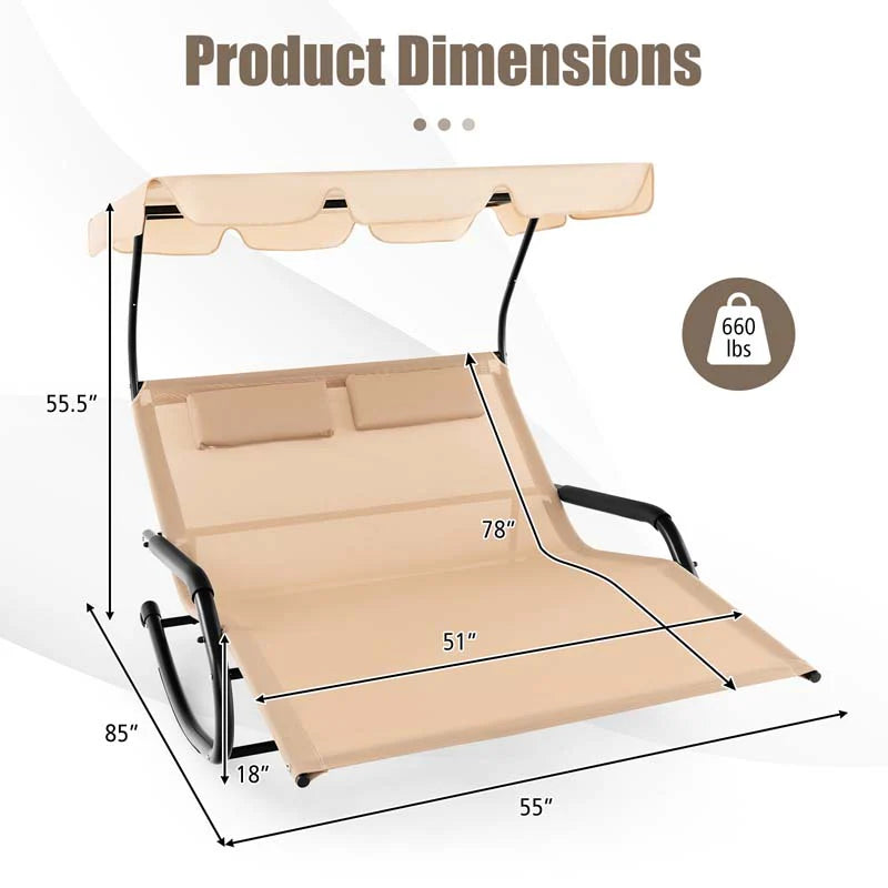 2-Person Patio Hammock Swing Bed – Extra Large Outdoor Rocking Chaise Lounge with Canopy & Wheels