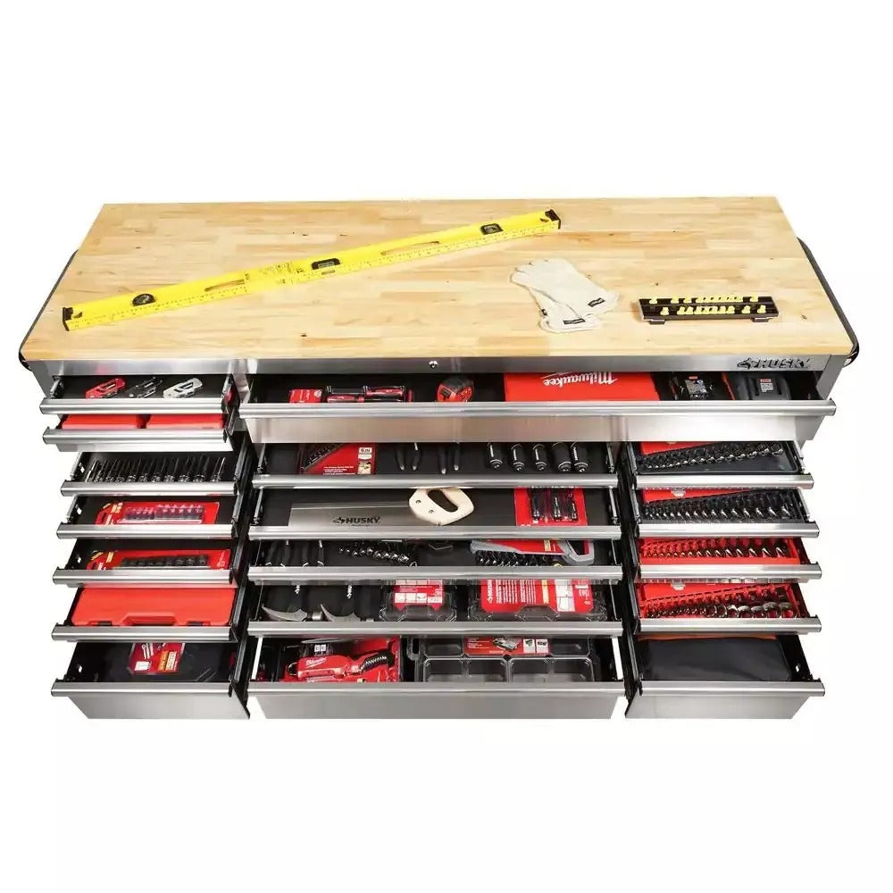72 in. 18-Drawer Mobile Workbench with Solid Wood Top, 24 in. Deep Rolling Tool Cabinet, Stainless Steel