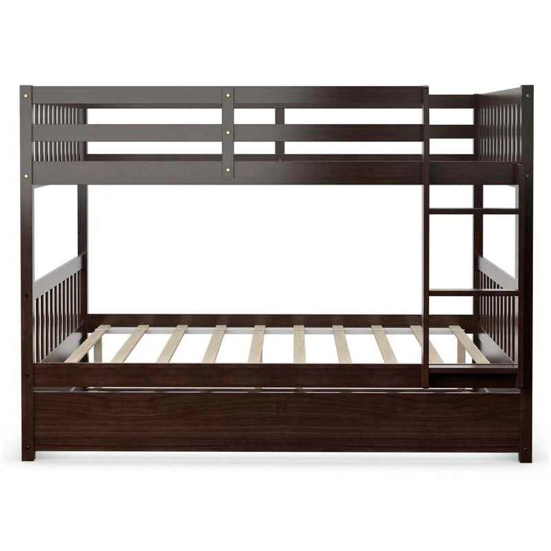 Solid Wood Full-over-Full Bunk Bed Frame with Trundle, Ladder & Guardrails, Convertible for Kids & Teens