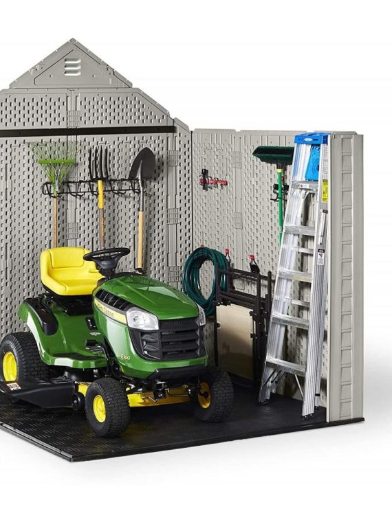 Rubbermaid 7 x 7 ft Weather-Resistant Resin Garden Storage Shed with Windows & Utility Hooks, Sand