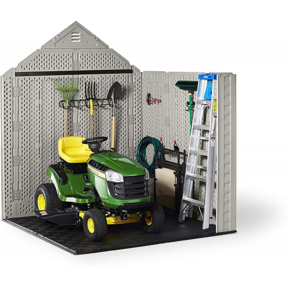 Rubbermaid 7 x 7 ft Weather-Resistant Resin Garden Storage Shed with Windows & Utility Hooks, Sand