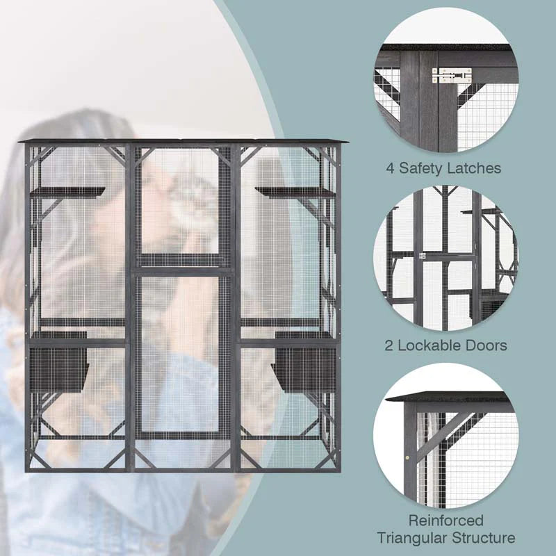 71 Inch Tall Walk-In Wooden Catio - Outdoor Cat Enclosure with 7 Platforms, 2 Condos & Asphalt Roof, Grey