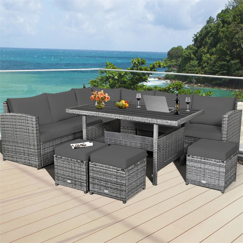 7-Piece Rattan Patio Dining Set – Sectional Sofa with Table, Ottomans & Cushions, Mix Grey