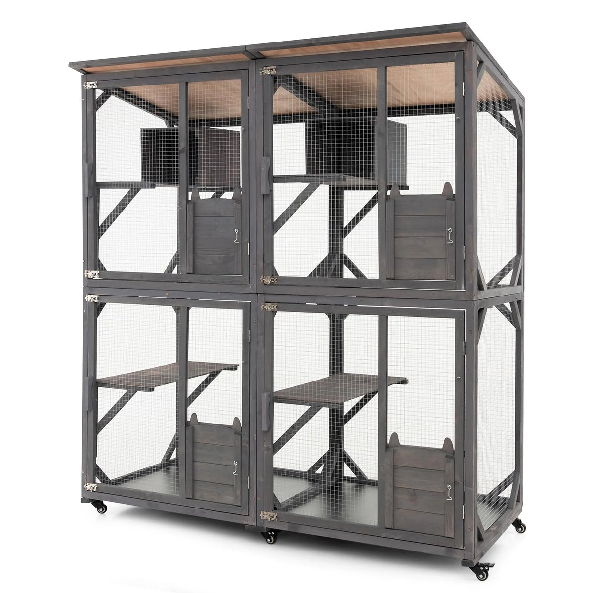 Large Wooden Outdoor Catio Cat Enclosure – 72" Tall Fir Wood Cat House with Asphalt Roof, Wheels & Lockable Doors