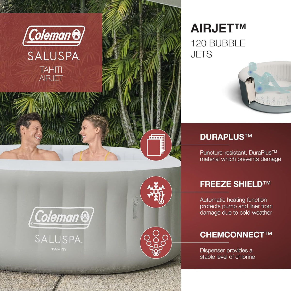 Coleman Inflatable Hot Tub Spa – 140 Bubble Jets, 242 gal, Heated, Pump & Cover, Fits 4