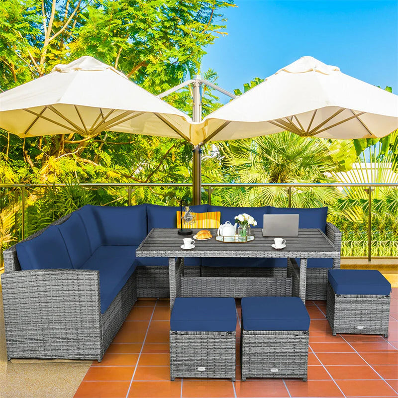 7-Piece Rattan Patio Dining Set – Sectional Sofa with Table, Ottomans & Cushions, Mix Grey
