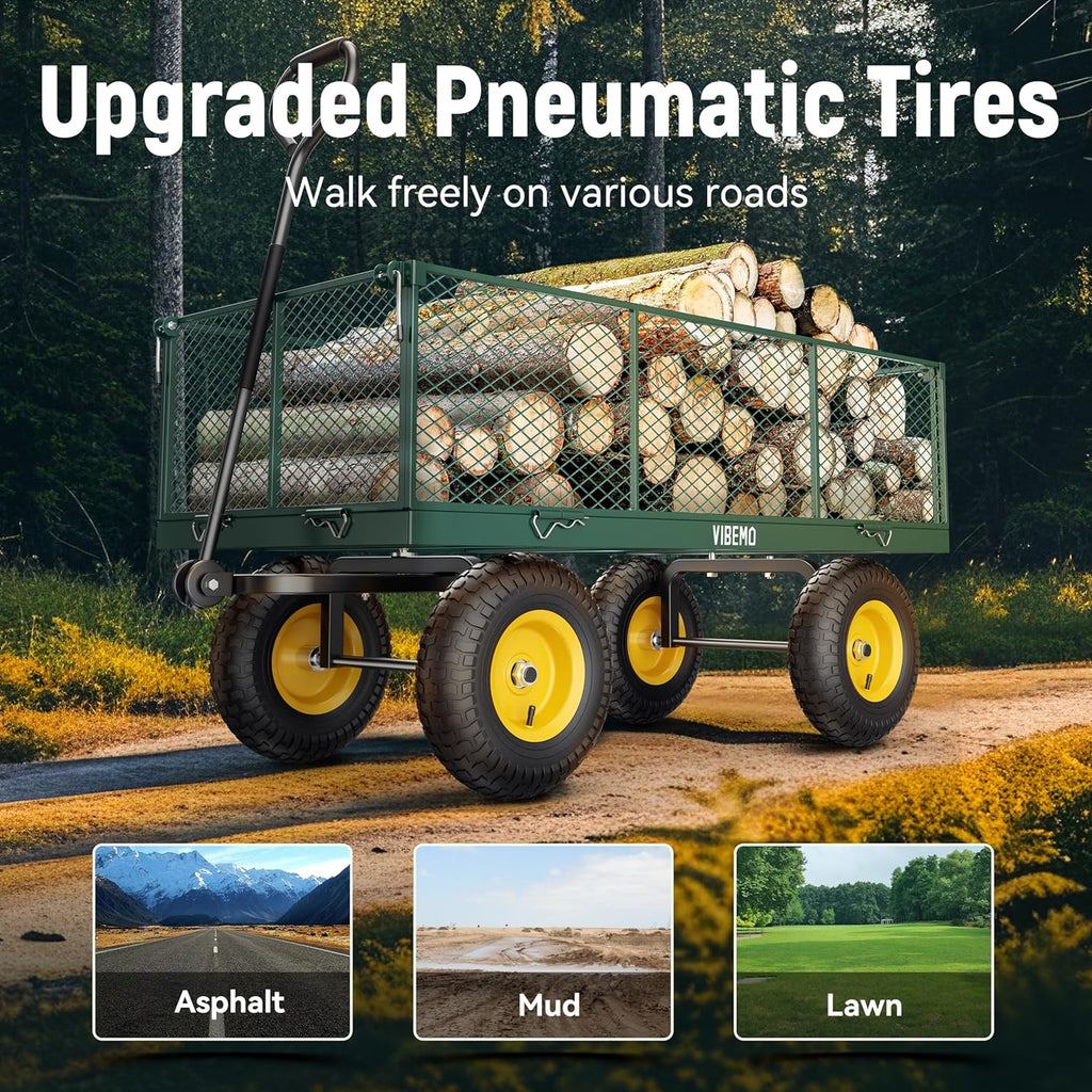 Vibemo 2-in-1 Steel Garden Cart – 1400 lb Heavy-Duty Wagon, Mesh Sides to Flatbed, 13" Pneumatic Tyres