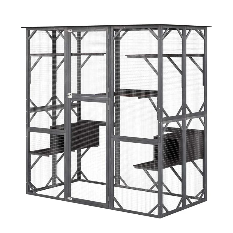71 Inch Tall Walk-In Wooden Catio - Outdoor Cat Enclosure with 7 Platforms, 2 Condos & Asphalt Roof, Grey