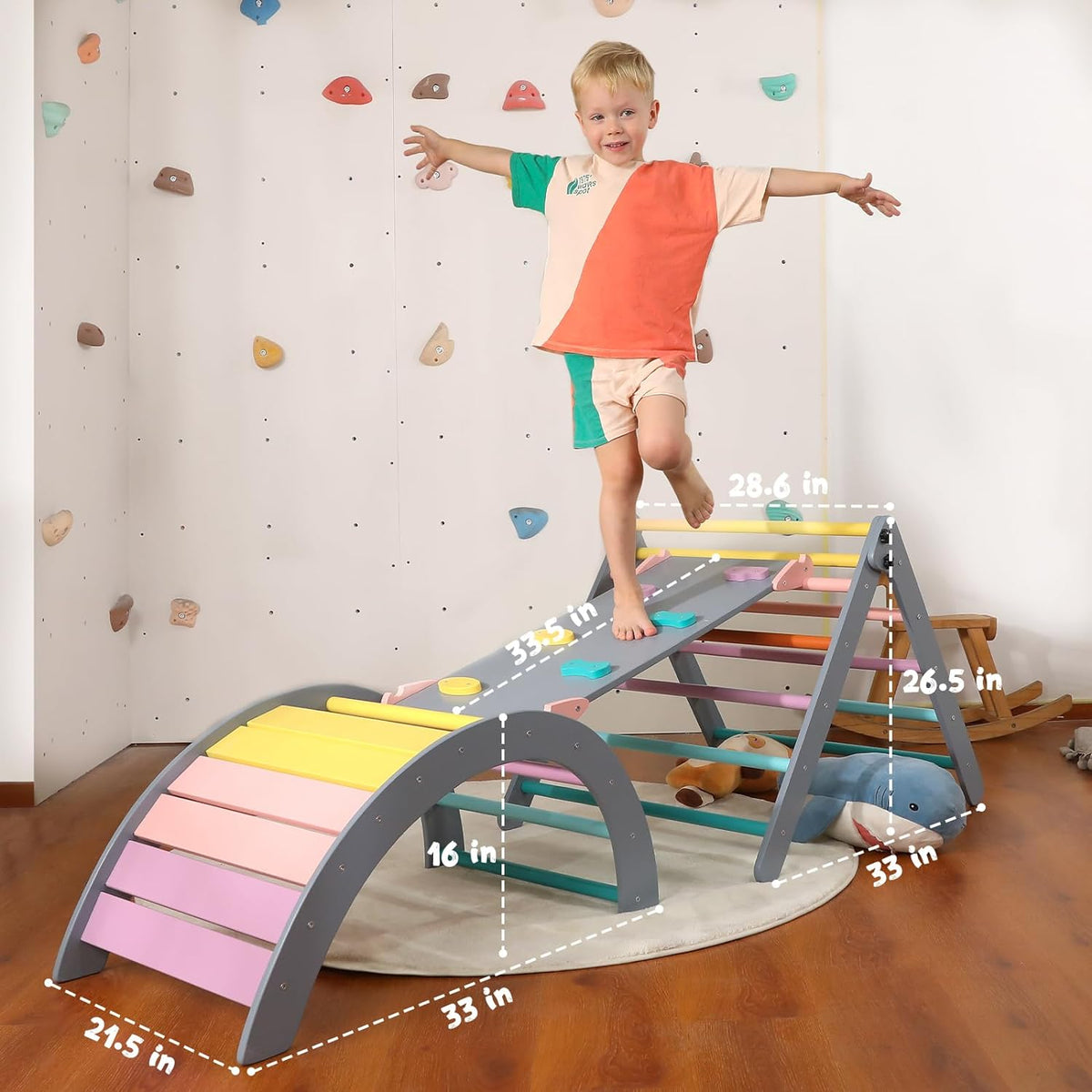 5-in-1 Montessori Foldable Climbing Triangle Set with Arch, Ramp & Cushion, Wooden Pikler Play Gym for Toddlers