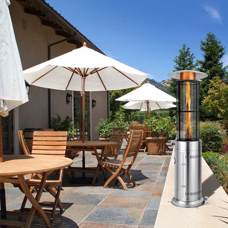 41000 BTU Stainless Steel Patio Heater - Standing Propane Garden Heater with Glass Flame Tube, Wheels & Tilt Shut-Off