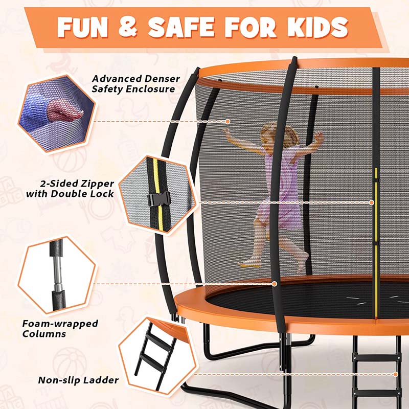 Outdoor Trampoline with Enclosure Net, Ladder & Safety Pad – 8/10/12 ft, ASTM Approved