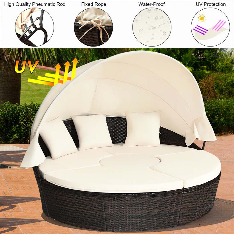 Rattan Wicker Round Patio Daybed with Retractable Canopy & Adjustable Coffee Table – Outdoor Sofa Set