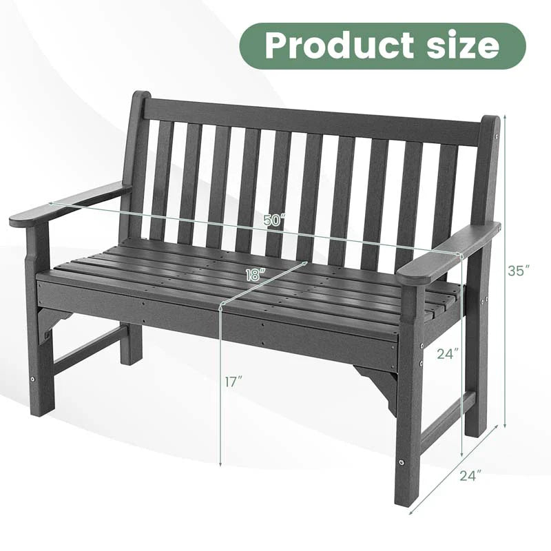 50 in All-Weather HDPE Garden Bench – 2-Person Outdoor Patio Loveseat, 705 lb Capacity (Grey)