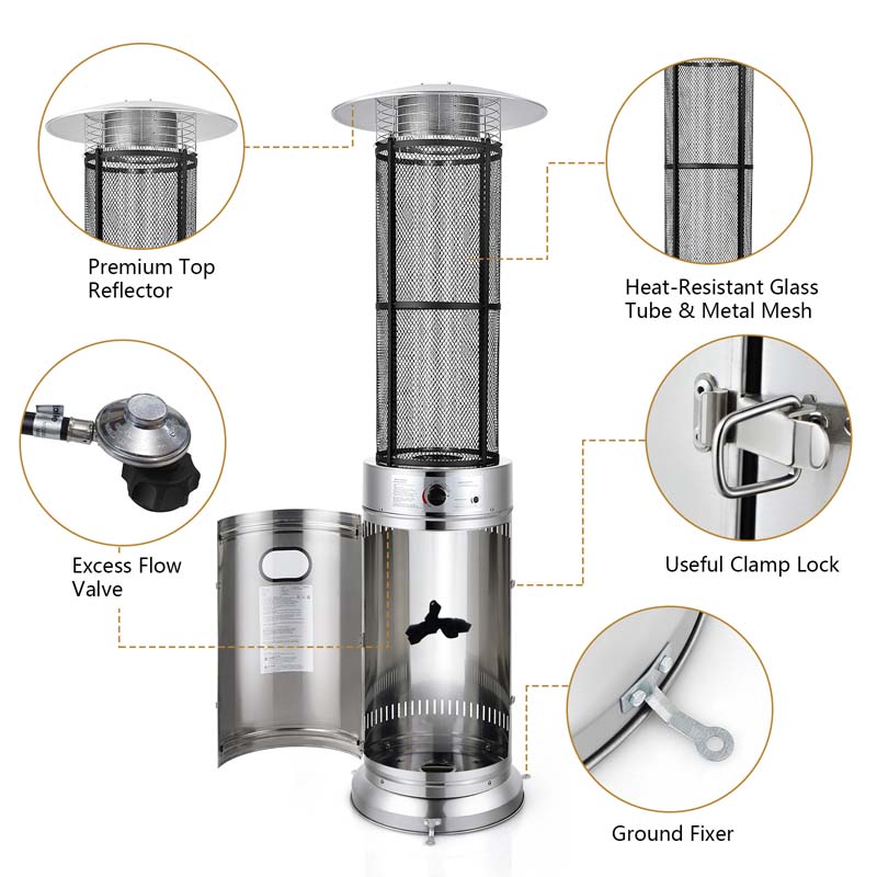 41000 BTU Stainless Steel Patio Heater - Standing Propane Garden Heater with Glass Flame Tube, Wheels & Tilt Shut-Off