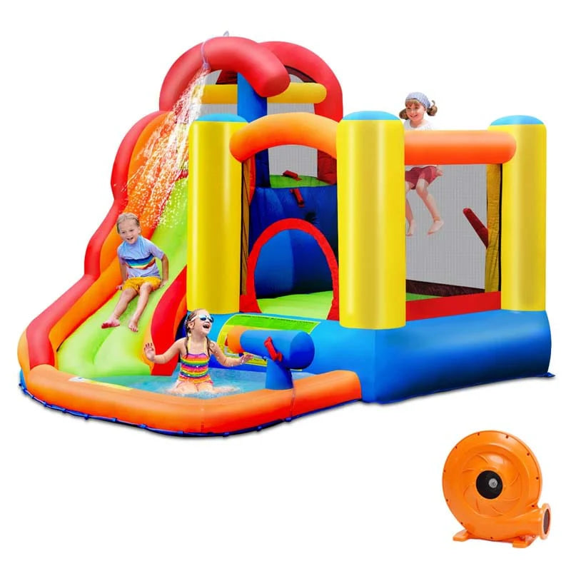 Colourful 6-in-1 kids inflatable water slide bounce house with blower in garden