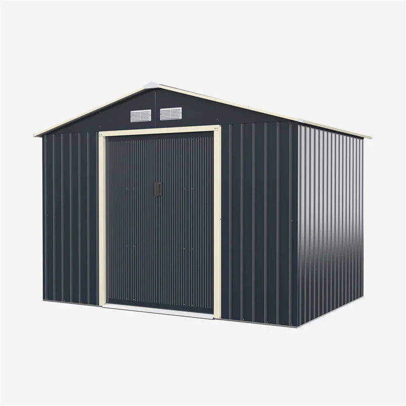 9 x 6 ft Outdoor Metal Storage Shed – Sliding Lockable Double Doors, 4 Vents, Grey Steel