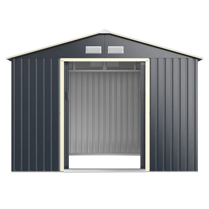 9 x 6 ft Outdoor Metal Storage Shed – Sliding Lockable Double Doors, 4 Vents, Grey Steel
