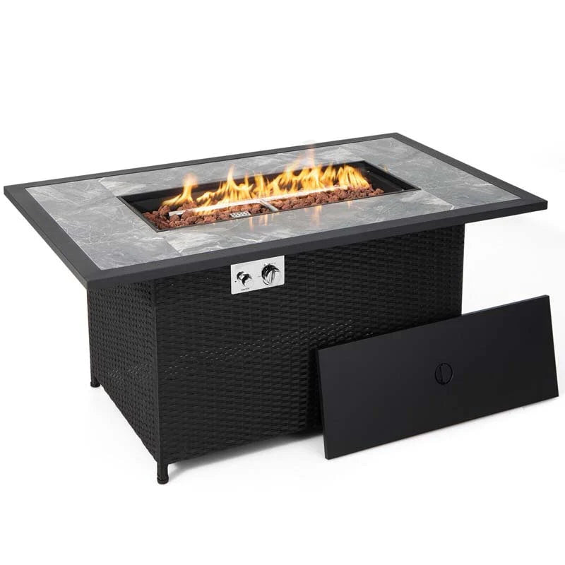 52" Rattan Propane Gas Fire Pit Table – 50,000 BTU, Marble Top, Lava Rocks & Cover