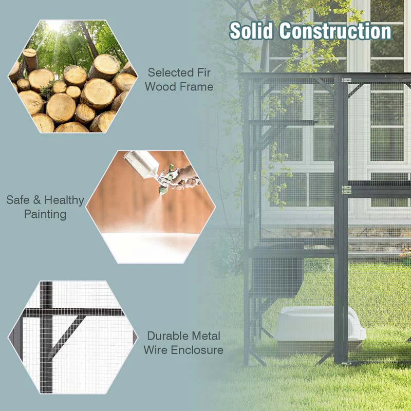71 Inch Tall Walk-In Wooden Catio - Outdoor Cat Enclosure with 7 Platforms, 2 Condos & Asphalt Roof, Grey