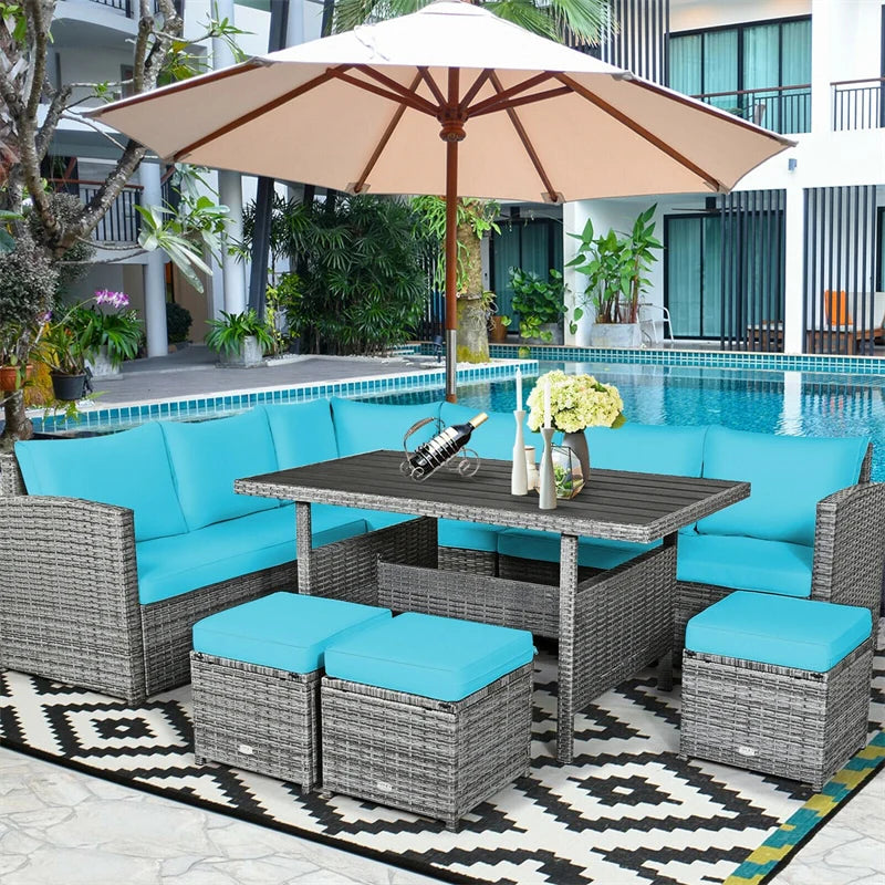 7-Piece PE Rattan Patio Sectional Sofa Set with Dining Table, Ottomans & Cushions, Mix Grey