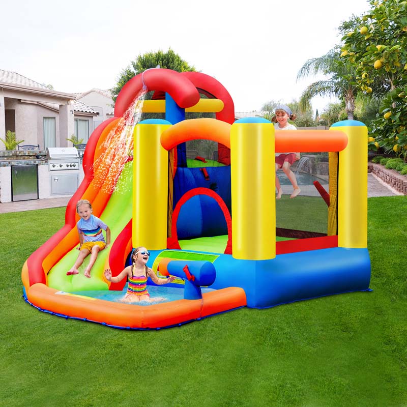 6-in-1 Kids Inflatable Water Slide Bounce House with Climbing Wall, Splash Pool, Basketball Rim & 740W Blower