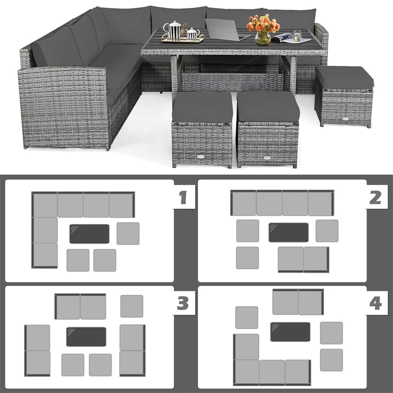 7-Piece PE Rattan Patio Sectional Sofa Set with Dining Table, Ottomans & Cushions, Mix Grey