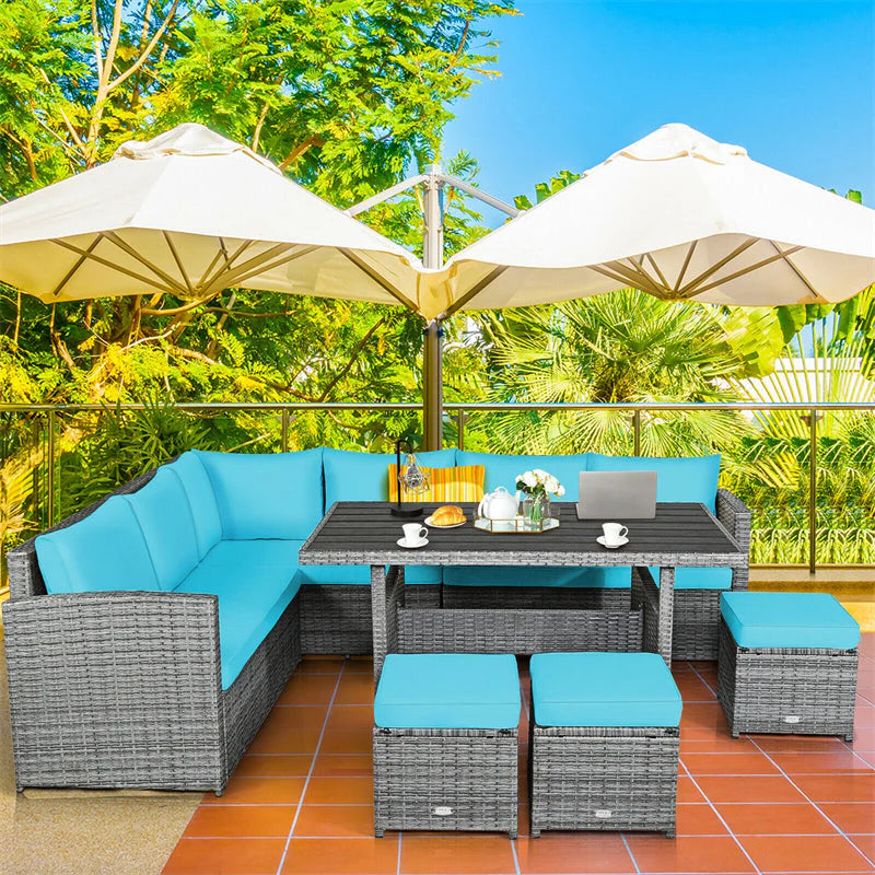 7-Piece Rattan Patio Dining Set – Sectional Sofa with Table, Ottomans & Cushions, Mix Grey