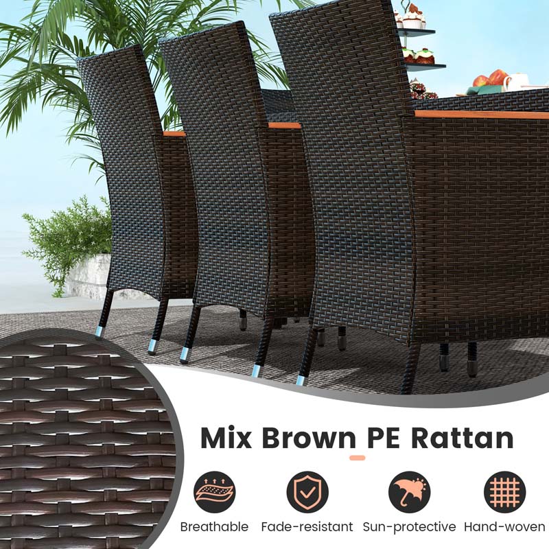 10-Piece Patio Rattan Dining Set with 15 ft Double-Sided Umbrella – Acacia Wood Table & Stackable Cushioned Wicker Chairs